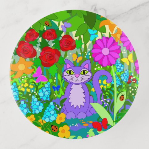 Cat in Garden Fantasy Flowers Butterflies Ladybugs Trinket Tray