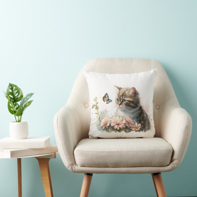 Cat in Garden with Butterfly Throw Pillow (Chair)