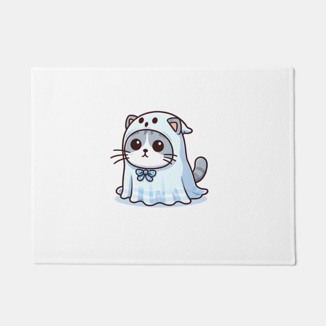 Cat in Ghost Costume for Halloween  Doormat (Front)