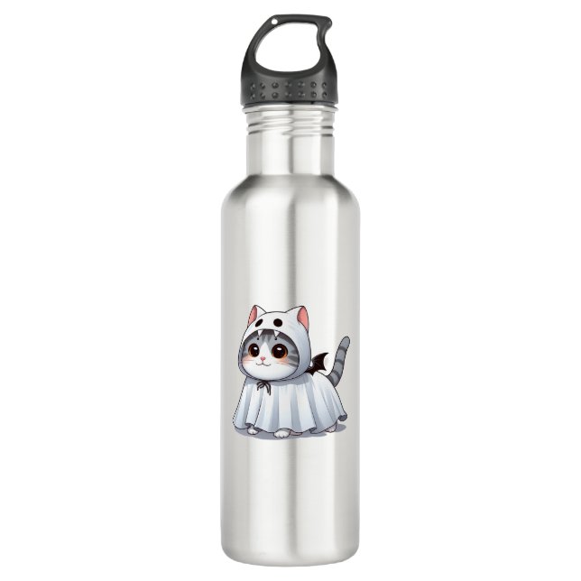 Cat in Ghost Costume for Halloween  Stainless Steel Water Bottle (Front)