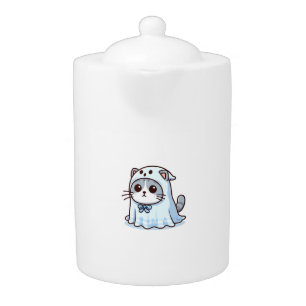 Cat in Ghost Costume for Halloween  Teapot