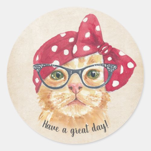 cat in glasses classic round sticker