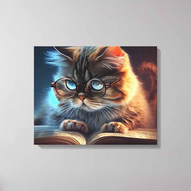 Cat in glasses reading a book canvas print (Front)