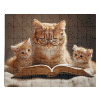 Cat in glasses reading a book to her kittens jigsaw puzzle