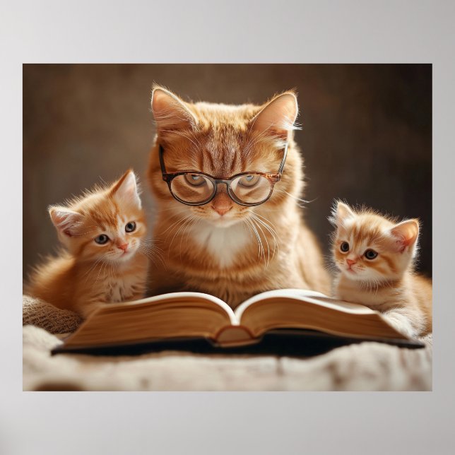 Cat in glasses reading a book to her kittens poster (Front)