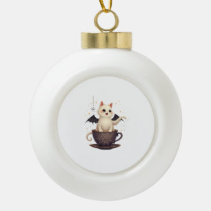 Cat in Haunted Teacup Ceramic Ball Christmas Ornament