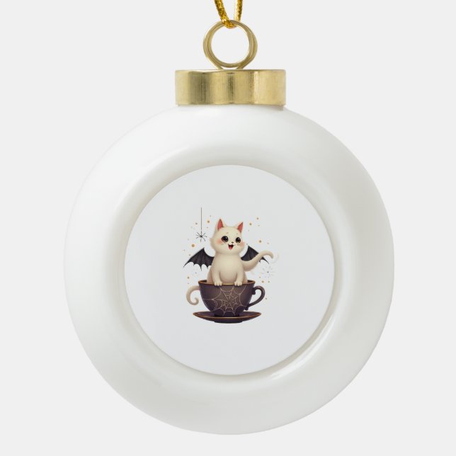 Cat in Haunted Teacup Ceramic Ball Christmas Ornament (Front)