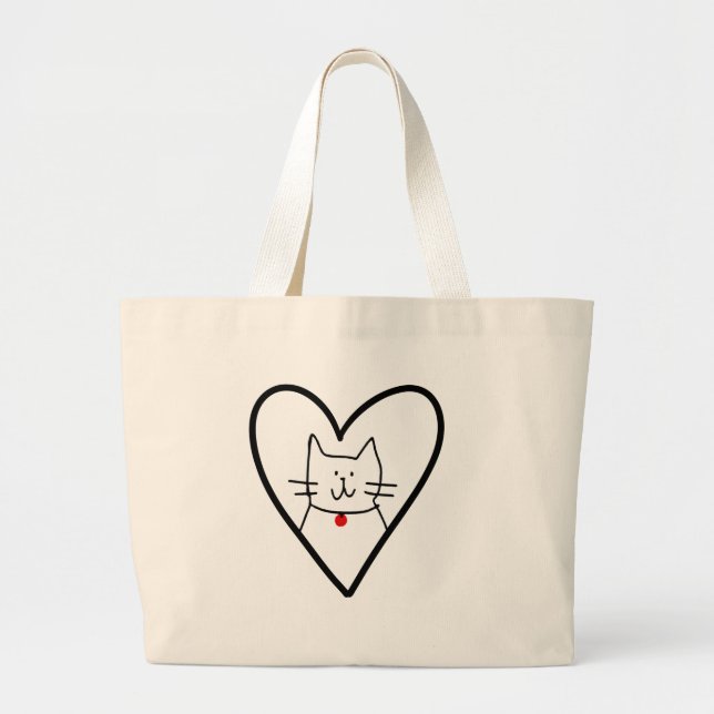 Cat in Heart Doodle  Large Tote Bag (Front)