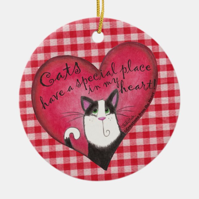 Cat in Heart on Red & White Gingham Ceramic Ornament (Front)