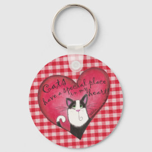 Cat in Heart on Red & White Gingham Keychain