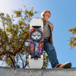 Cat in Hoodie Colorful Graffiti Skateboard