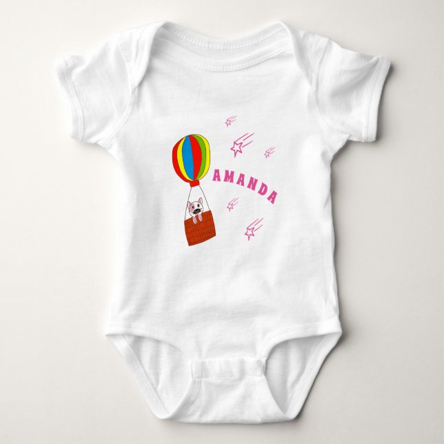 Cat in Hot Air Balloon with Stars Name Baby Bodysuit (Front)
