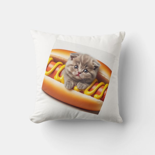 cat in hot dog and mustard throw pillow (Front)