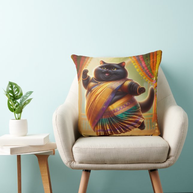 Cat in Indian clothes and dancing Throw Pillow (Chair)