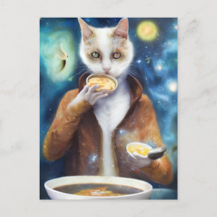 Cat in jumpsuit eating soup AI generated art Postcard