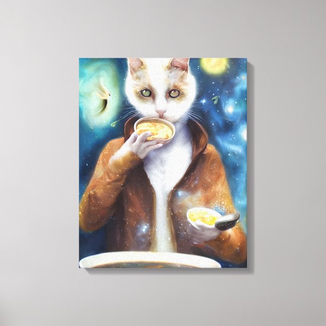 Cat in jumpsuit eating soup made out of galaxies canvas print (Front)