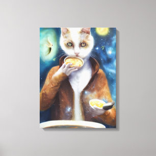 Cat in jumpsuit eating soup made out of galaxies canvas print