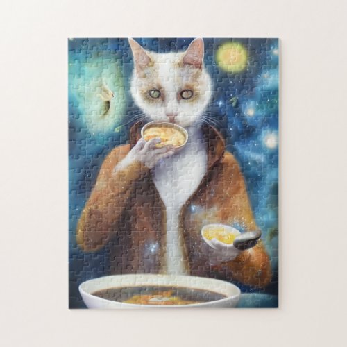Cat in jumpsuit eating soup made out of galaxies  jigsaw puzzle