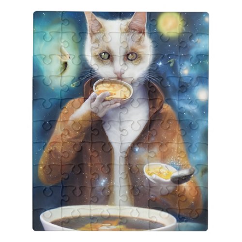 Cat in jumpsuit eating soup made out of galaxies jigsaw puzzle