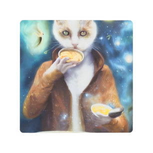 Cat in jumpsuit eating soup made out of galaxies metal print