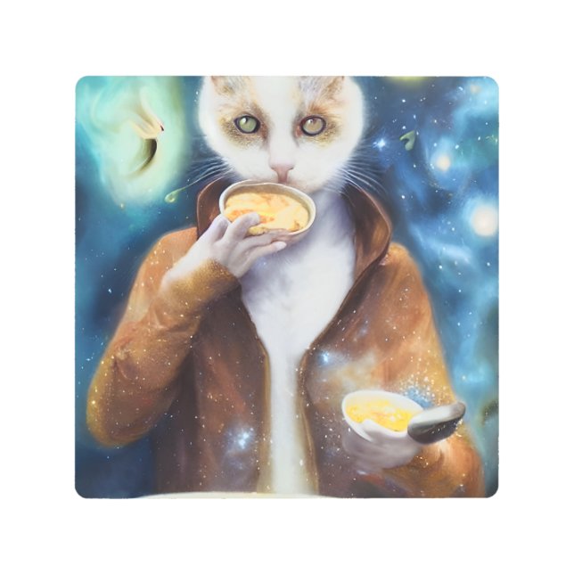 Cat in jumpsuit eating soup made out of galaxies metal print (Front)