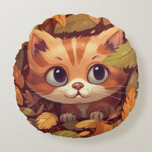 CAT IN LEAVES  ROUND PILLOW