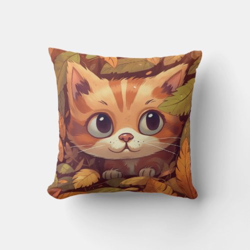 CAT IN LEAVES  THROW PILLOW