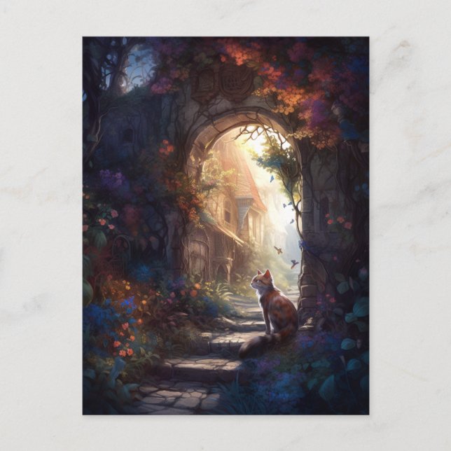 Cat In Magical Alley Fantasy Art Postcard (Front)