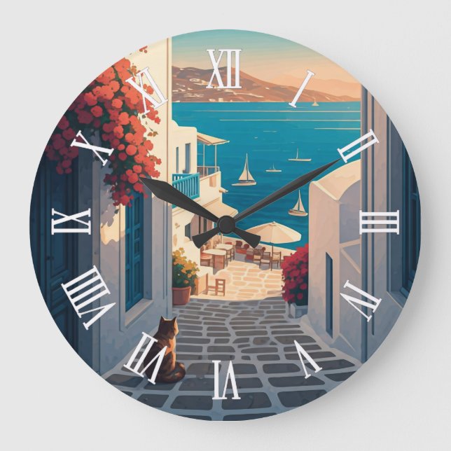 Cat in Mykonos Greece Cyclades Travel Sunset Large Clock (Front)