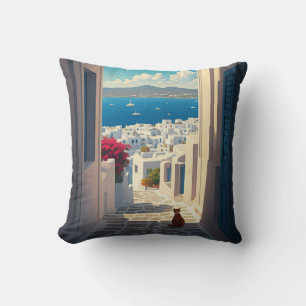 Cat in Mykonos Greece Cyclades Travel Throw Pillow