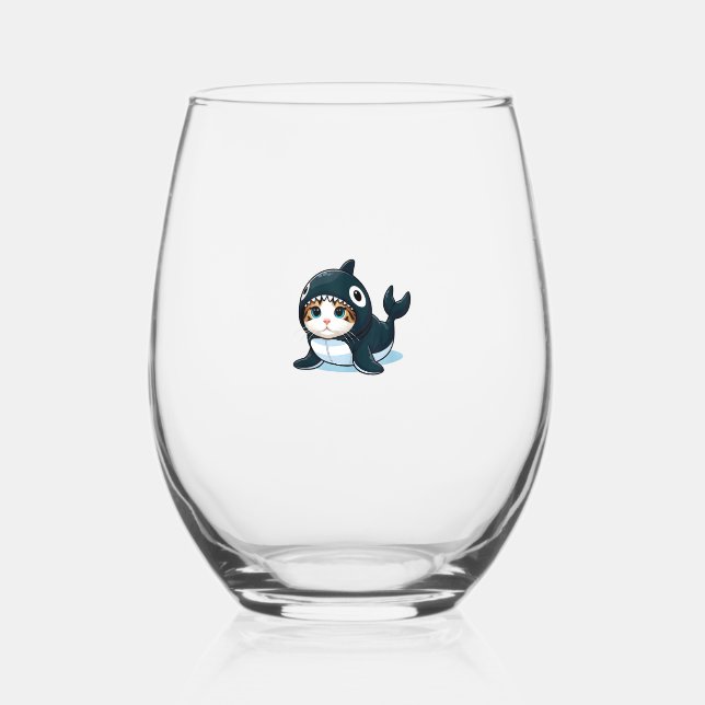 Cat in Orca Costume  Stemless Wine Glass (Front)