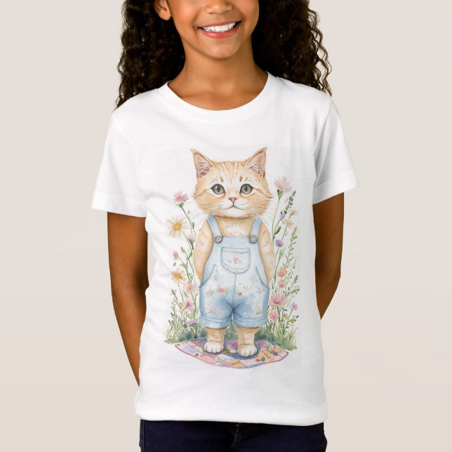Cat in Overalls in Wildflowers T-Shirt (Front)