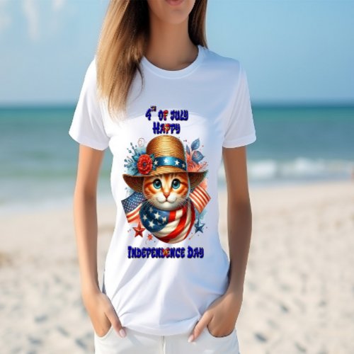 Cat in patriotic hat and scarf Independence Day T_Shirt