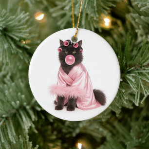 Cat in Pink Robe with Hair Curlers and Bubblegum   Ceramic Ornament