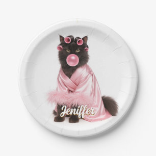 Cat in Pink Robe with Hair Curlers and Bubblegum   Paper Plates