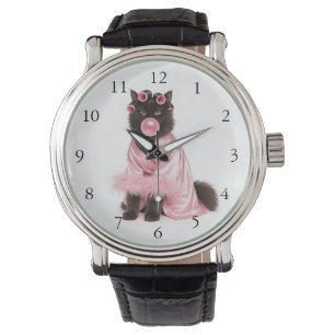 Cat in Pink Robe with Hair Curlers and Bubblegum Watch