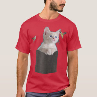 Cat in Pocket Staring at Hummingbirds Blue Eyes Wh T-Shirt