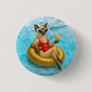 Cat in Pool Birthday Party for Siamese Cat Lovers Button