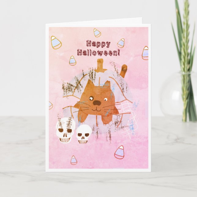 Cat in Pumpkin Candy Corn Skull Kids Halloween  Card (Front)