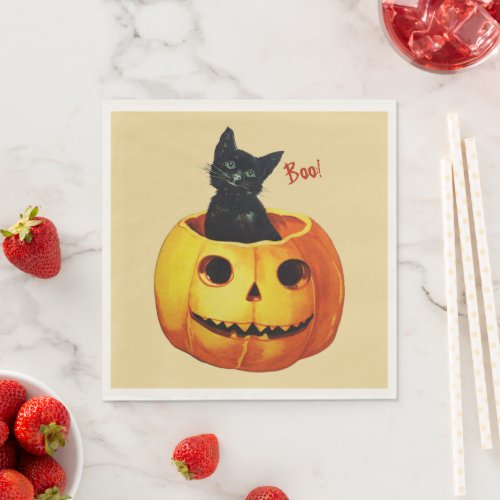 Cat in Pumpkin Halloween Paper Napkins