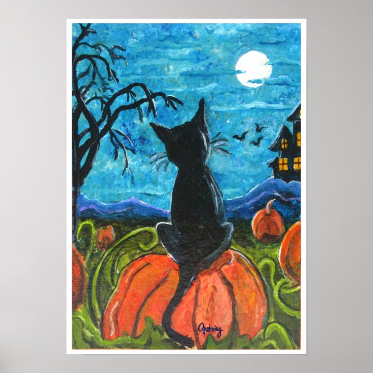 Cat in pumpkin patch poster | Zazzle