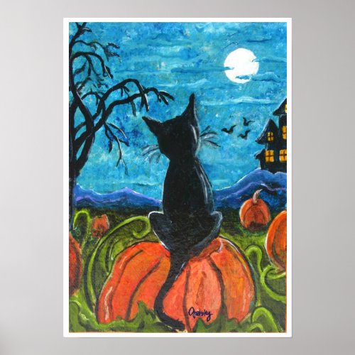 Cat in pumpkin patch poster