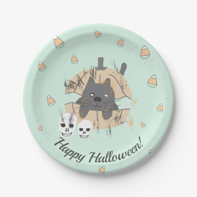 Cat in Pumpkin Skull Candy Corn Kids Halloween Paper Plates (Front)