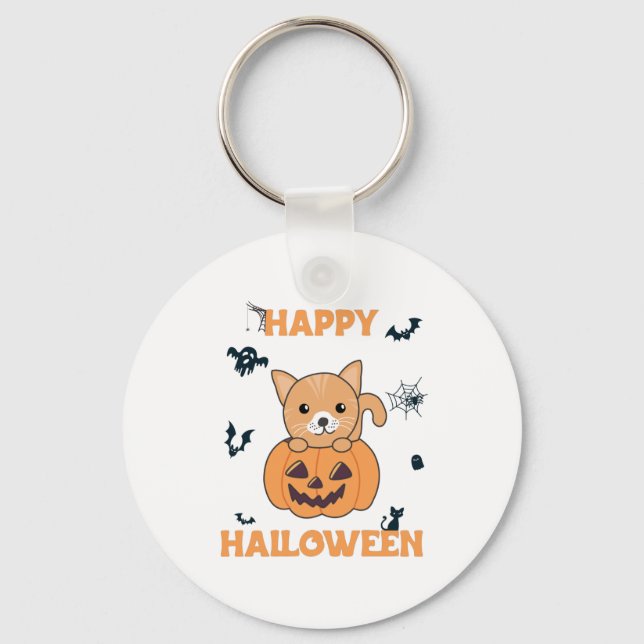 Cat In Pumpkin Sweet Cats Happy Halloween Keychain (Front)