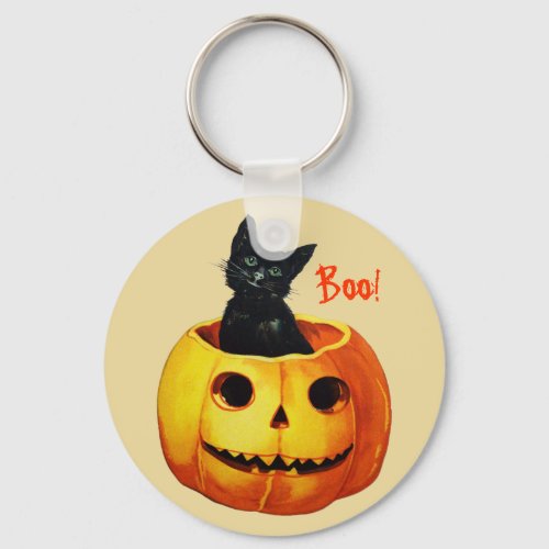 Cat in Pumpkin Vintage Halloween Keychain