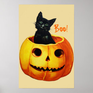 Cat in Pumpkin Vintage Halloween Poster