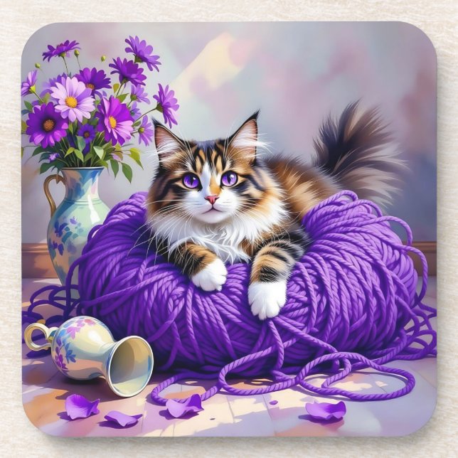 Cat  in Purple Yarn and Flowers   Beverage Coaster (Front)