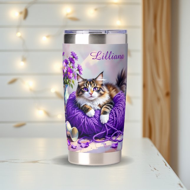 Cat  in Purple Yarn and Flowers Personalized Insulated Tumbler (Creator Uploaded)