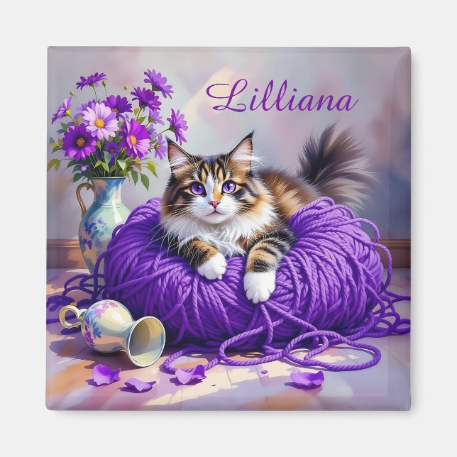 Cat  in Purple Yarn and Flowers Personalized Magnet (Front)