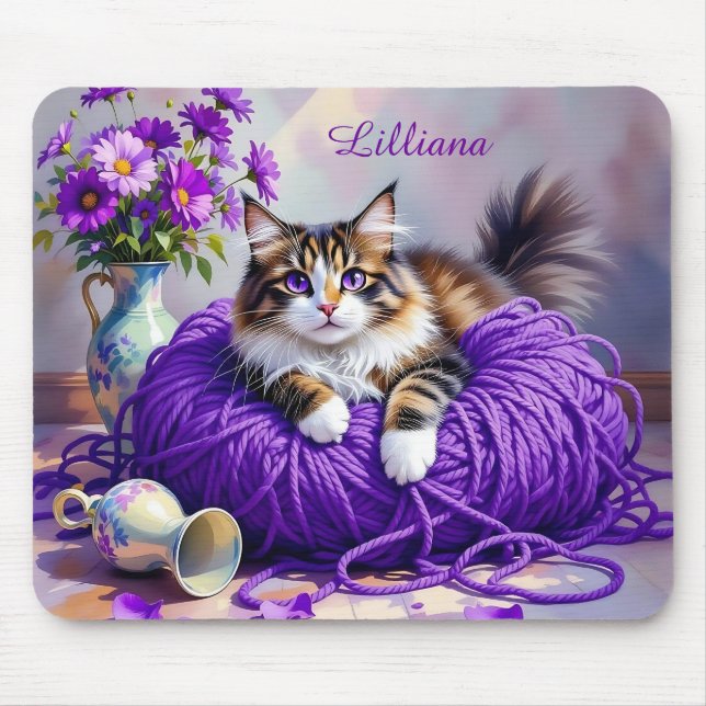 Cat  in Purple Yarn and Flowers Personalized Mouse Pad (Front)